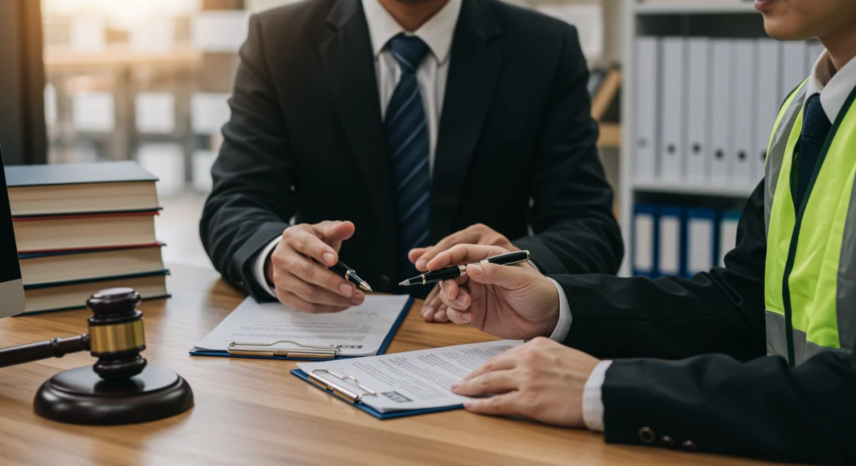 Advogado explicando direitos trabalhistas a um funcionário acidentado em escritório, com documentos e livros jurídicos ao fundo.
