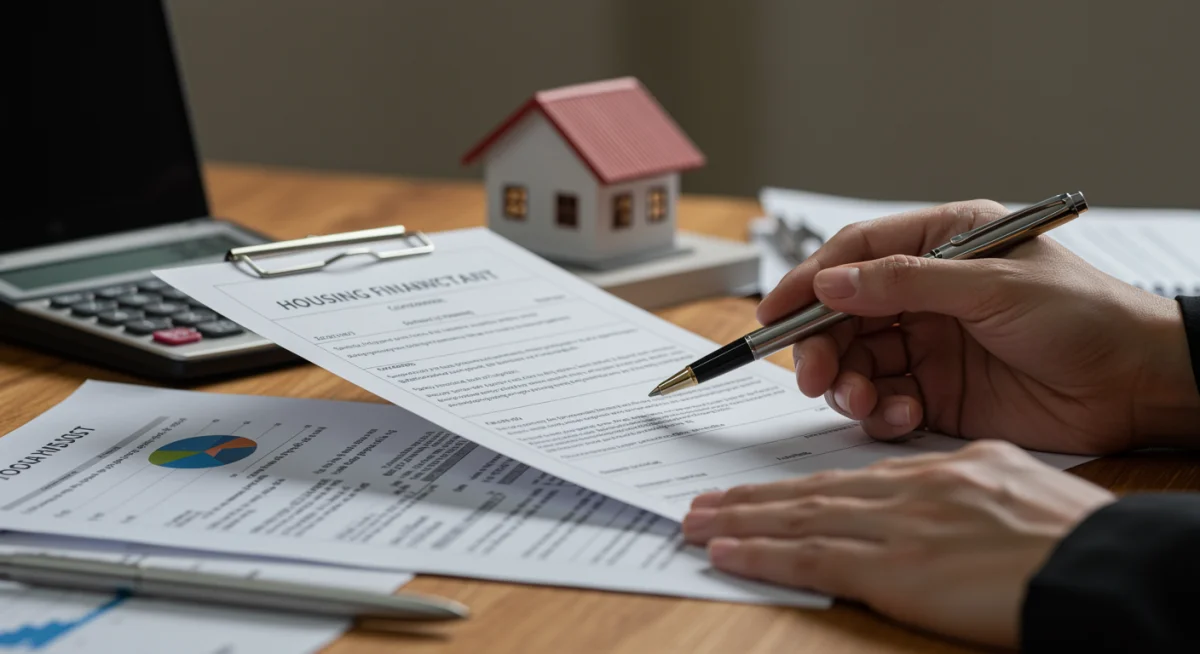 Mão apontando para cláusulas em contrato de financiamento imobiliário.