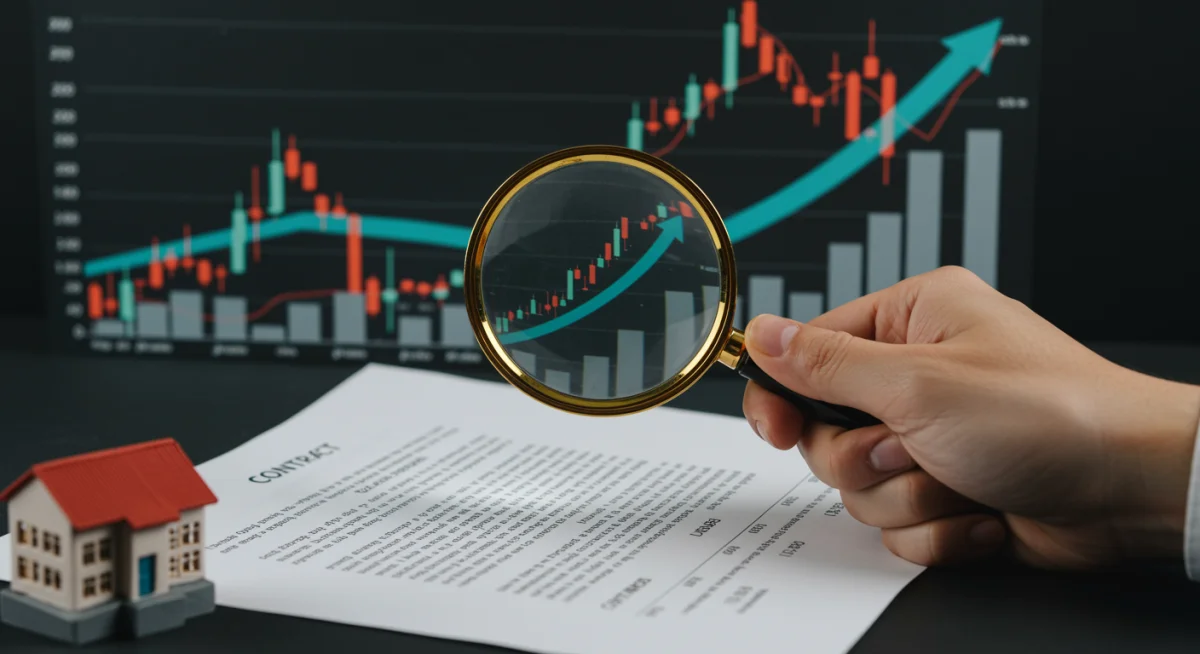 Mão com lupa sobre contrato e gráficos de preços, representando análise de financiamento e valor de imóvel sob inflação no MCMV.