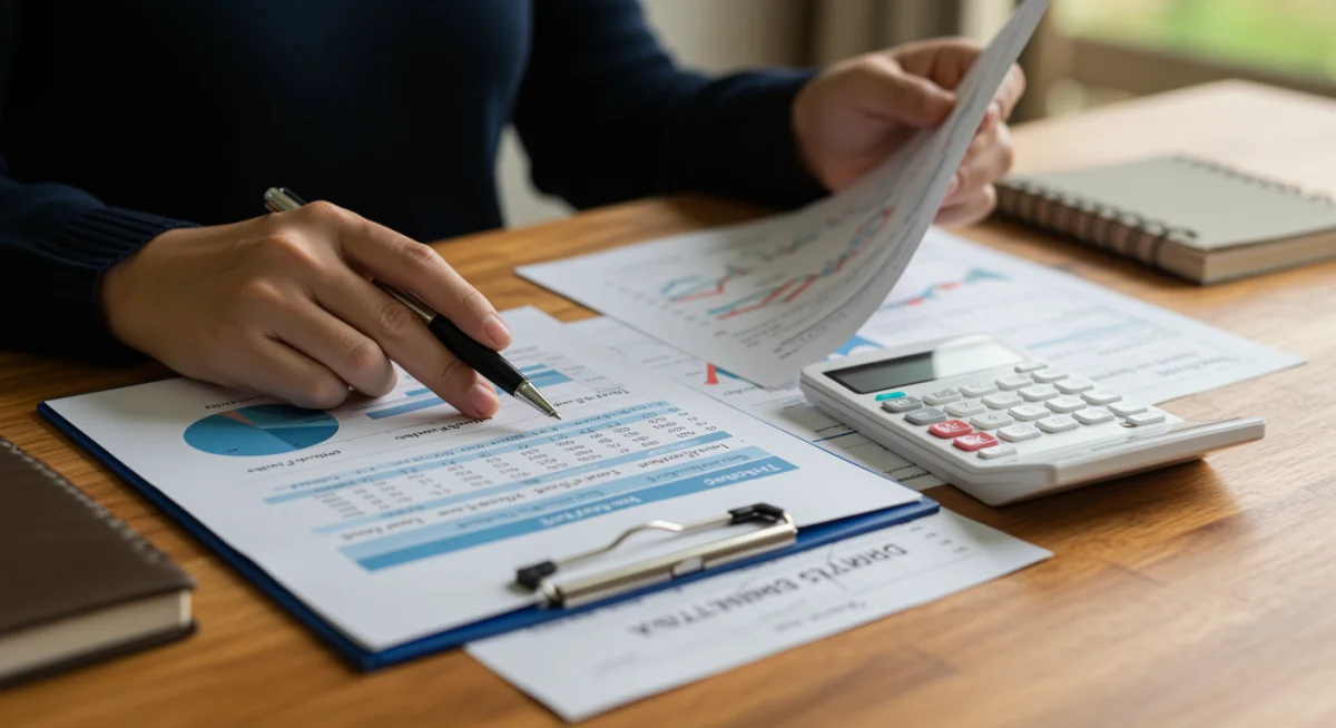 Documentos financeiros e relatório de crédito sendo analisados para financiamento do MCMV