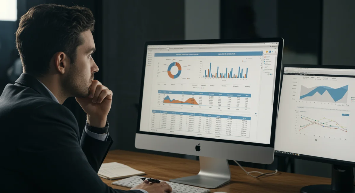 Pessoa analisando planilha financeira em computador, representando a verificação de valores do aviso prévio indenizado.