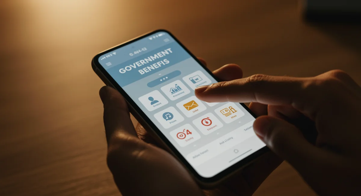 Tela de smartphone com aplicativo de benefícios sociais do governo.