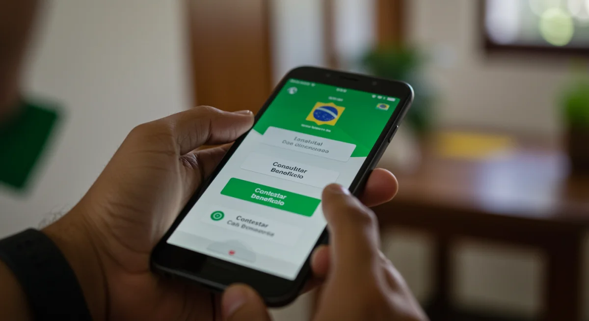 Pessoa utilizando aplicativo do governo para contestar o Auxílio Brasil via smartphone.
