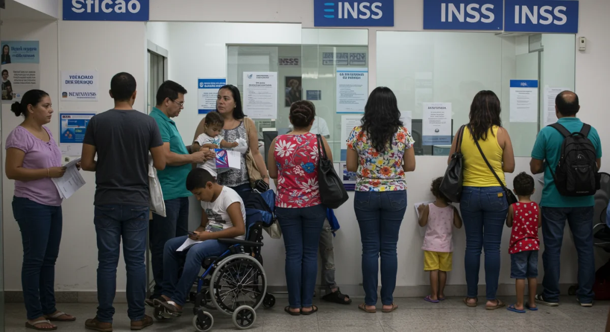 Pessoas aguardando atendimento em agência do INSS para informações sobre benefícios