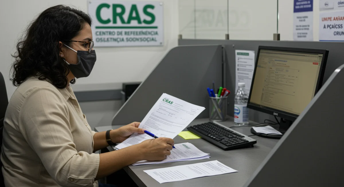 Pessoa em mesa consultando documentos, representando o atendimento em um CRAS para atualização cadastral.
