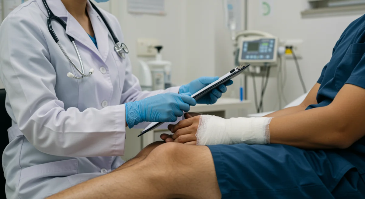 Profissional de saúde examinando paciente com braço enfaixado em consultório, destacando a importância do atendimento médico pós-acidente de trabalho.