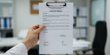 Mão segurando um atestado médico com o ano 2026, simbolizando a importância do documento para os direitos trabalhistas no Brasil.