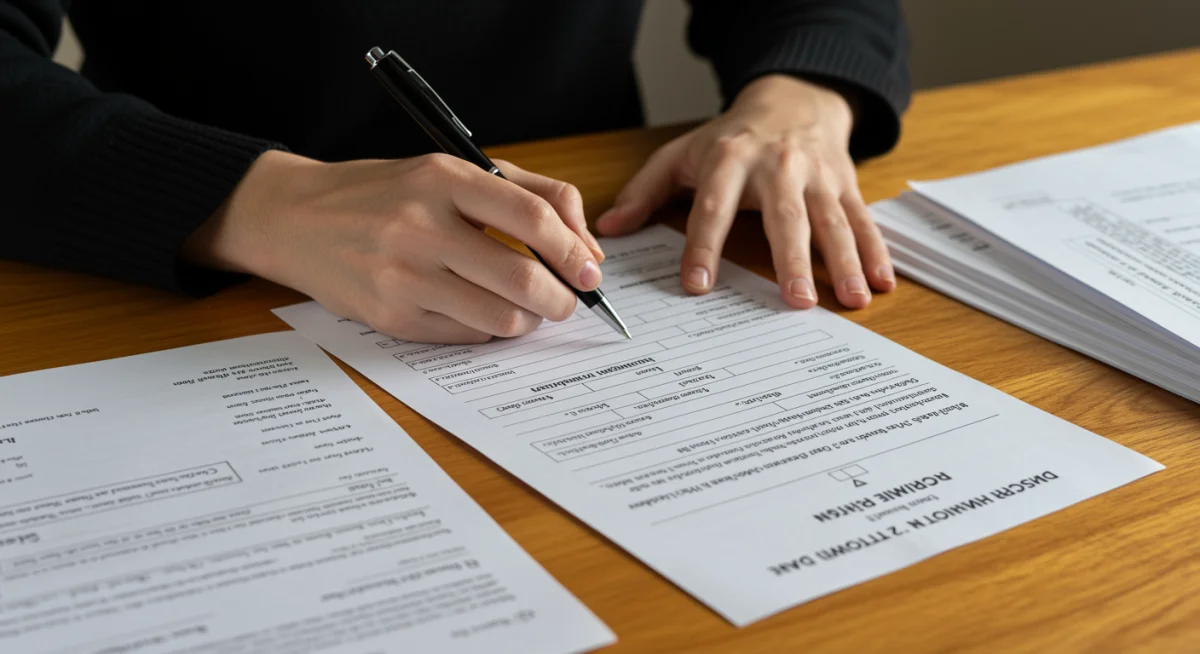 Pessoa preenchendo formulário do Cadastro Único, com documentos e caneta.