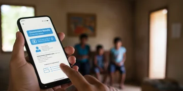 Mão segurando celular com aplicativo de benefícios, ilustrando a atualização de dados no Cadastro Único para o Auxílio Brasil.