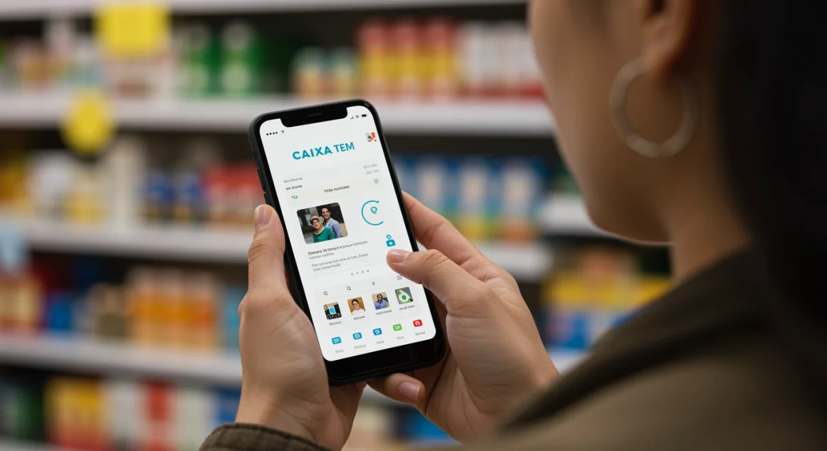 Pessoa realizando pagamento ou transferência via aplicativo Caixa Tem, utilizando o Auxílio Brasil.