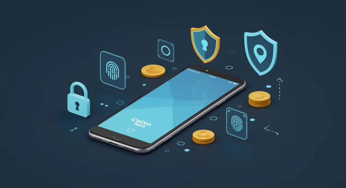 Ícones de segurança digital como cadeado e escudo, ilustrando a proteção dos dados no Caixa Tem.