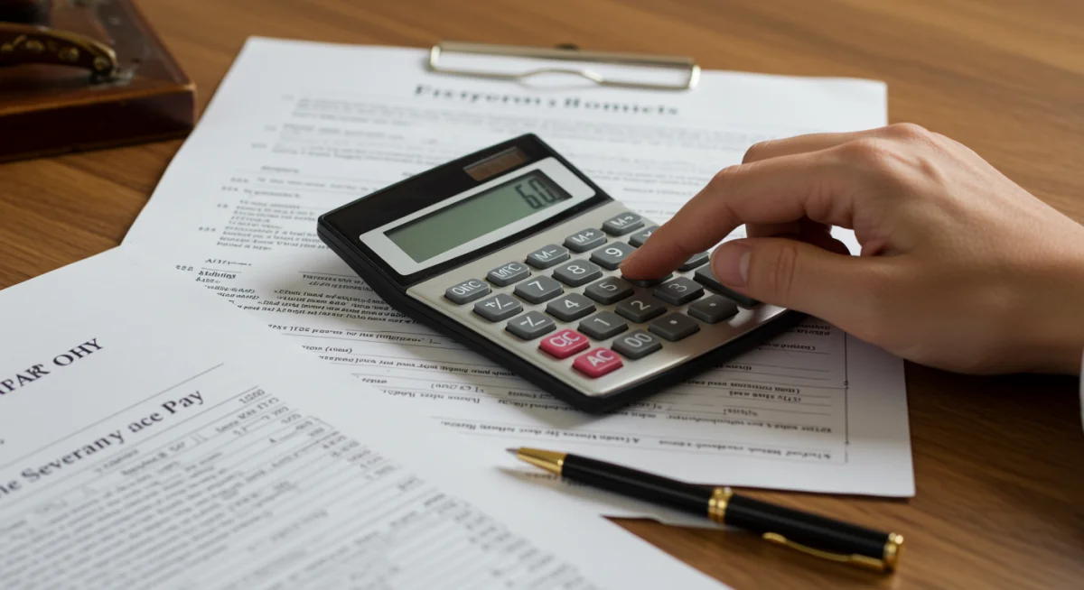 Mão utilizando calculadora para conferir valores de rescisão.