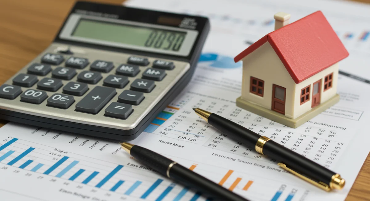 Calculadora exibindo cálculos financeiros detalhados, uma miniatura de casa e documentos, ilustrando o planejamento de financiamento imobiliário.