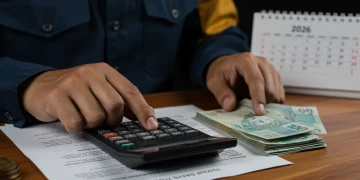 Mãos de trabalhador brasileiro calculando aviso prévio indenizado com calculadora e notas de real, documentos e calendário de 2026 ao fundo.