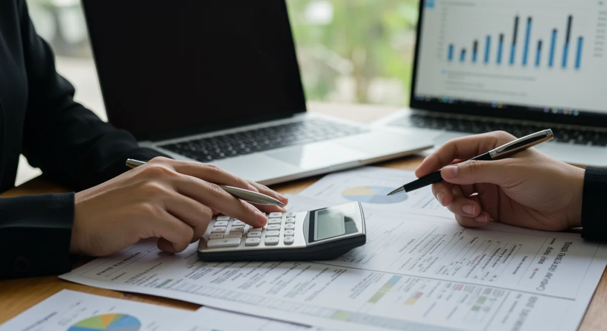 Pessoa calculando parcelas de financiamento imobiliário com calculadora e documentos