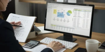 Pessoa analisando planilha de cálculo de rescisão trabalhista em computador.