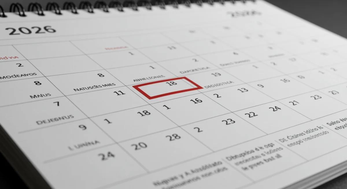 Calendário destacando o ano de 2026 e datas importantes.