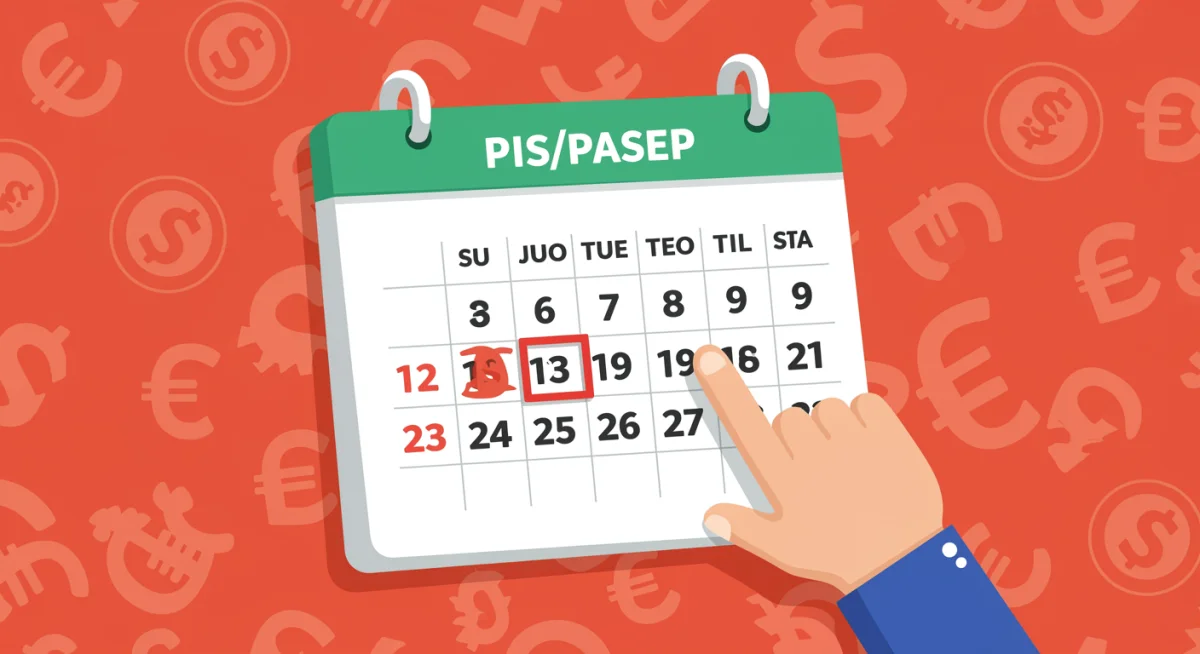 Calendário de pagamentos com datas destacadas e mão apontando para um mês, com símbolos de moeda brasileira, representando a liberação do PIS/Pasep.