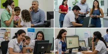 Pessoas acessando diferentes canais de atendimento do Auxílio Brasil, como telefone e agência da Caixa.