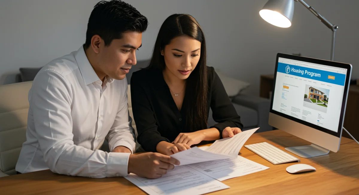 Casal revisando documentos financeiros e informações de programas habitacionais no computador para compra de imóvel.