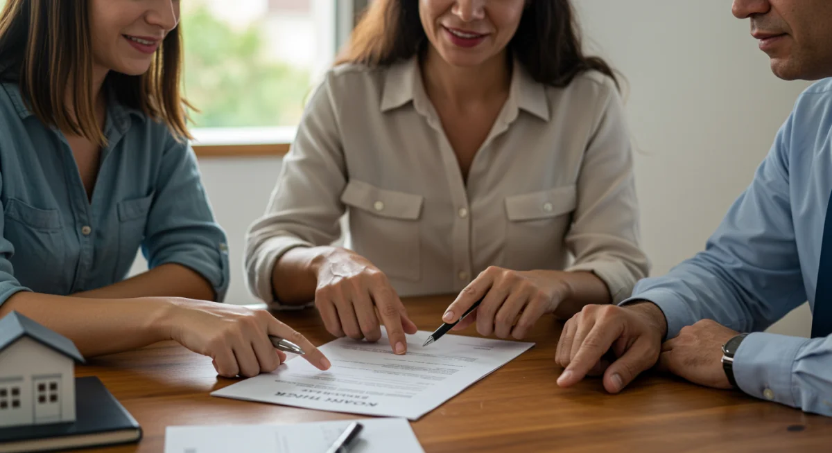 Casal revisando contrato de financiamento imobiliário com consultor do programa Minha Casa Minha Vida.