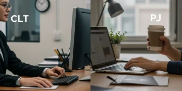 Comparativo visual entre profissionais CLT em escritório e PJ em home office, destacando as diferenças de regime de trabalho.