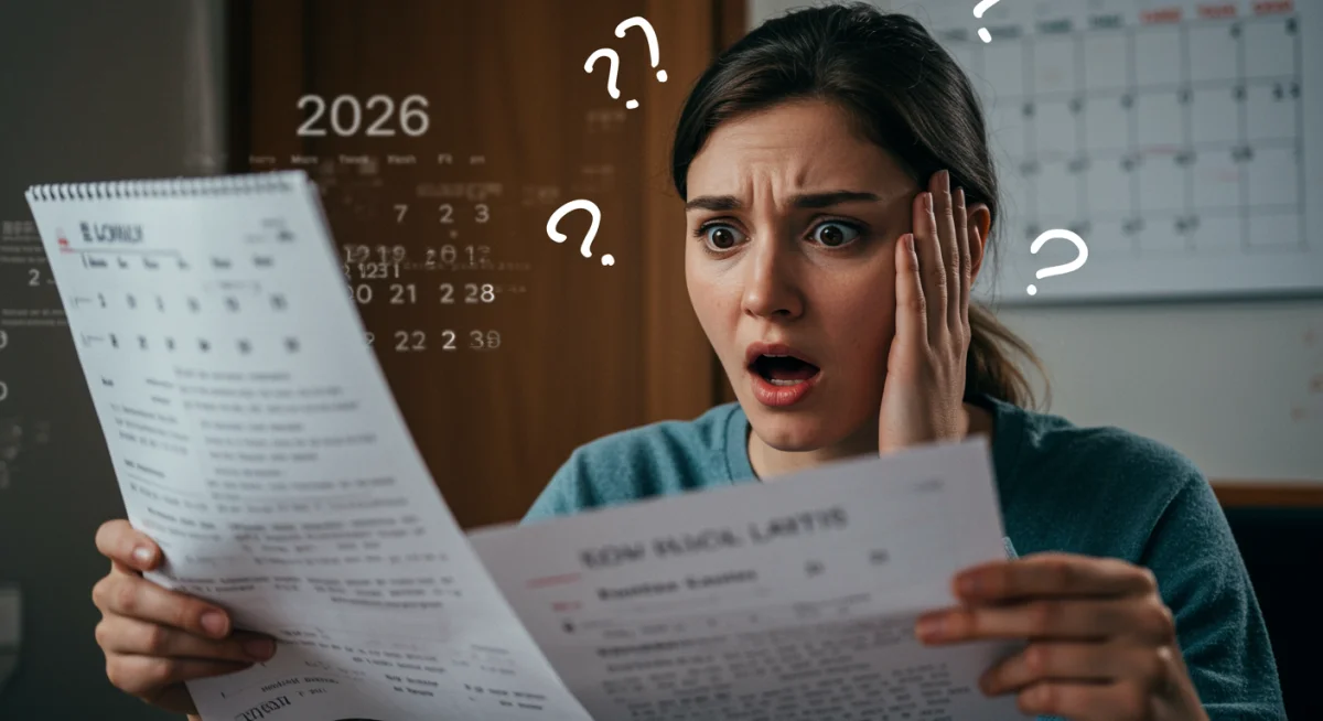Pessoa confusa lendo documentos, com um calendário de 2026 ao fundo, ilustrando a complexidade da legislação sobre atestados médicos.