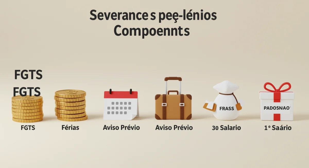 Componentes da rescisão trabalhista: FGTS, aviso prévio, férias e 13º salário.
