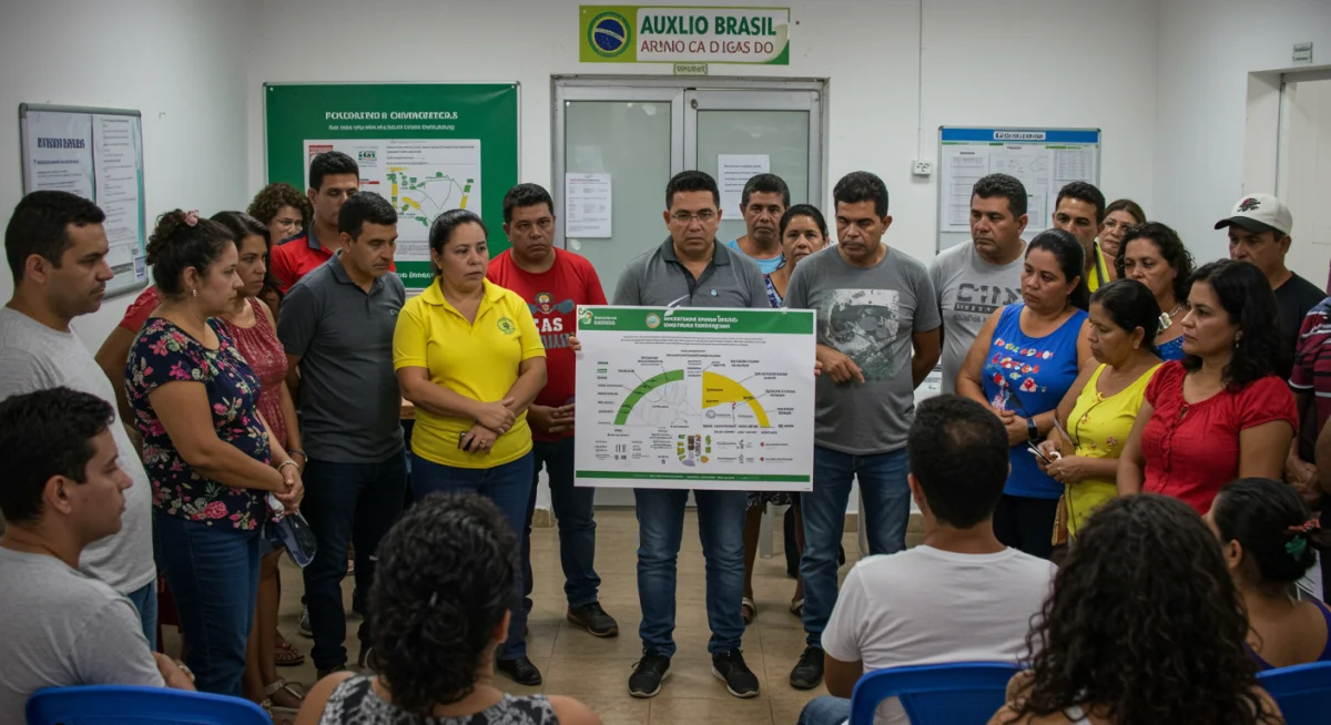 Pessoas em um evento comunitário recebendo informações sobre o Auxílio Brasil, demonstrando inclusão e esclarecimento.
