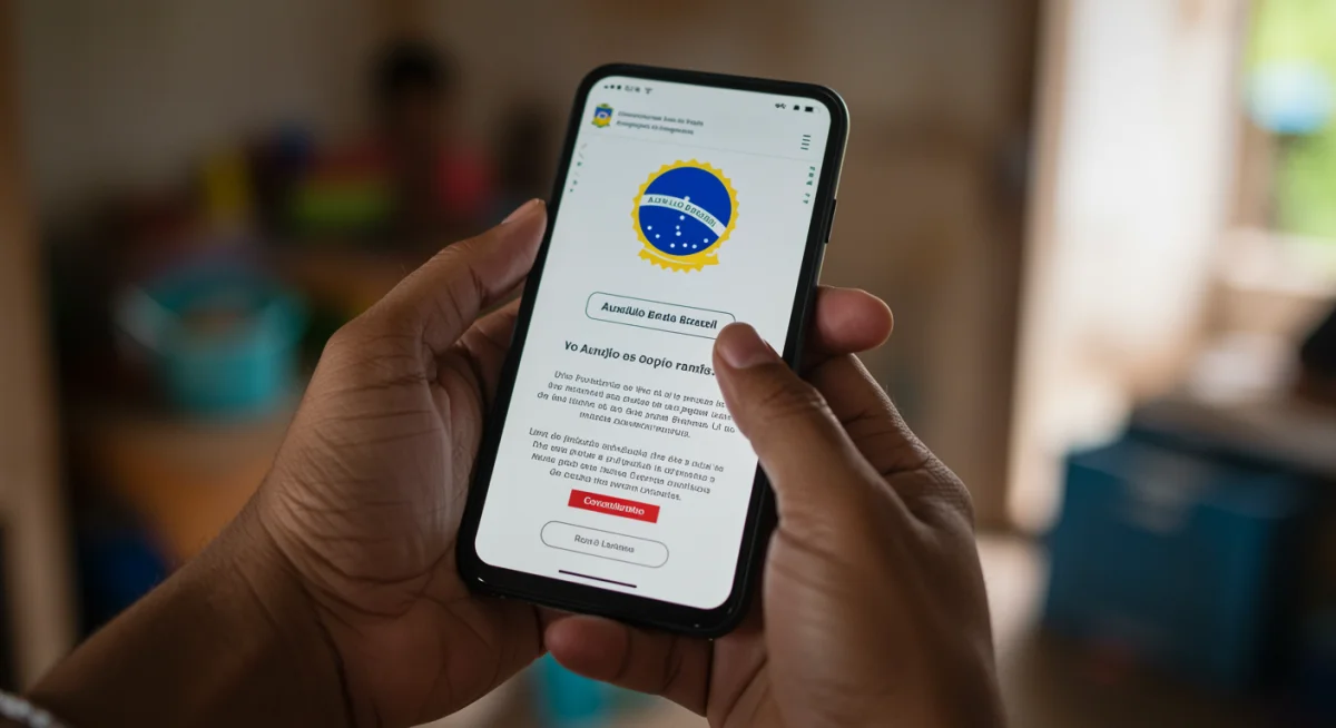 Mãos segurando um smartphone com aplicativo de consulta do Auxílio Brasil, mostrando a facilidade de acesso à informação.