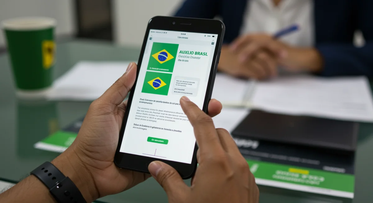 Pessoa verificando elegibilidade para benefícios sociais em aplicativo governamental no celular.