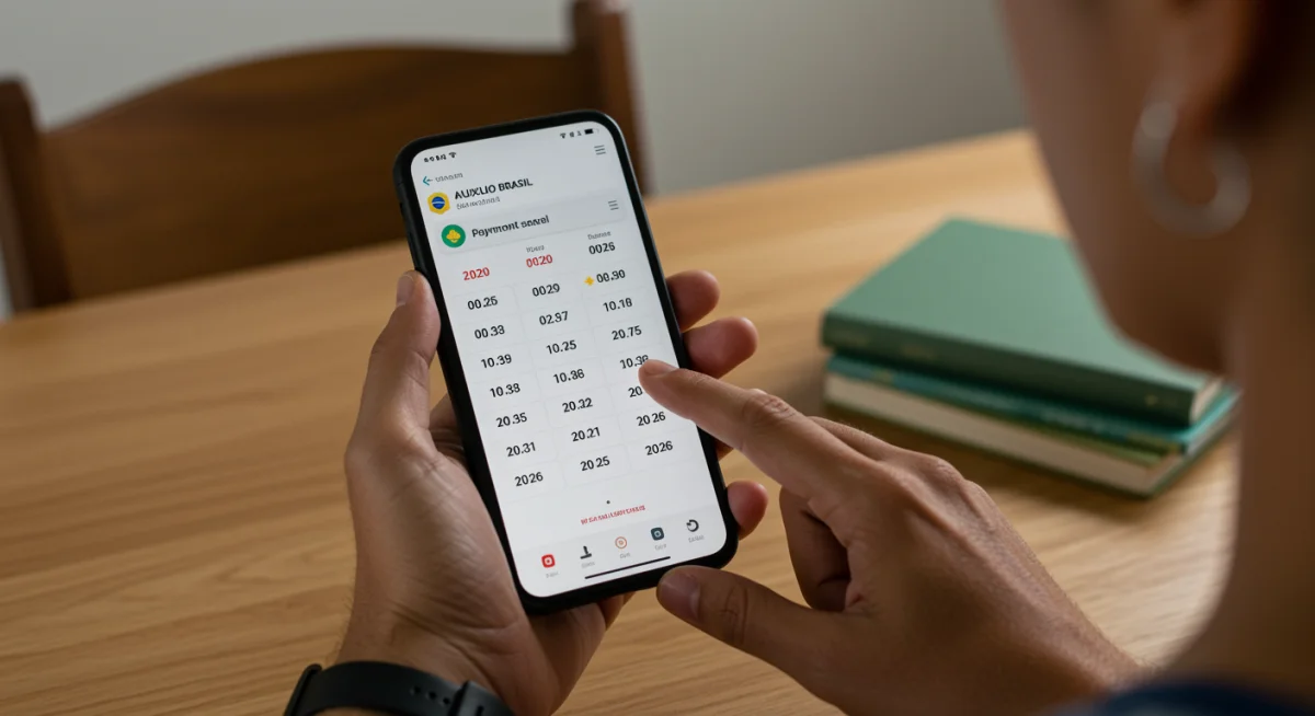 Pessoa consultando o calendário de pagamentos do Auxílio Brasil 2026 no celular