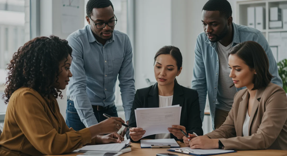 Pessoas consultando um especialista sobre elegibilidade e documentos para o programa Minha Casa Minha Vida.