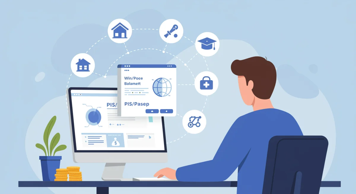 Pessoa consultando saldo do PIS/Pasep na tela do computador, com ícones de benefícios e planejamento financeiro.