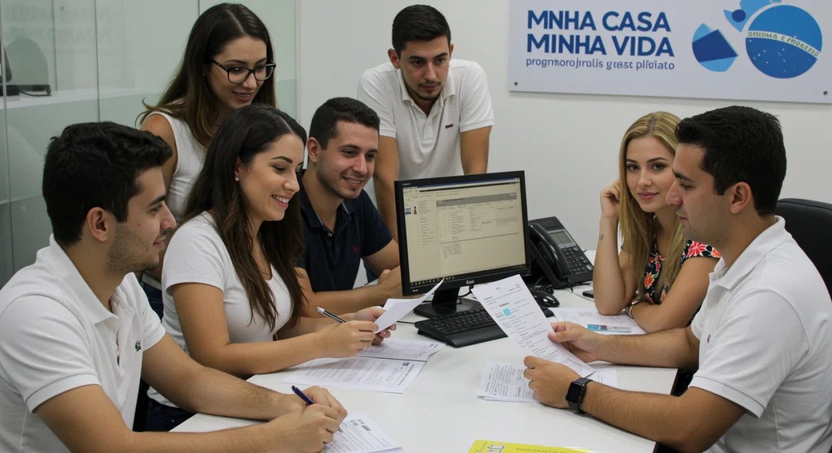 Famílias e indivíduos consultando um especialista sobre financiamento e requisitos do Minha Casa Minha Vida.