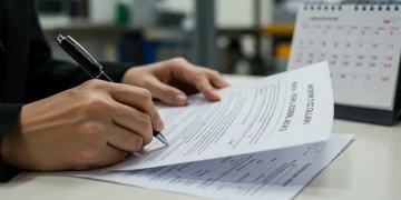 Mãos preenchendo documentos sobre acidente de trabalho, com foco em formulários e caneta, simbolizando a busca por direitos em 2026.