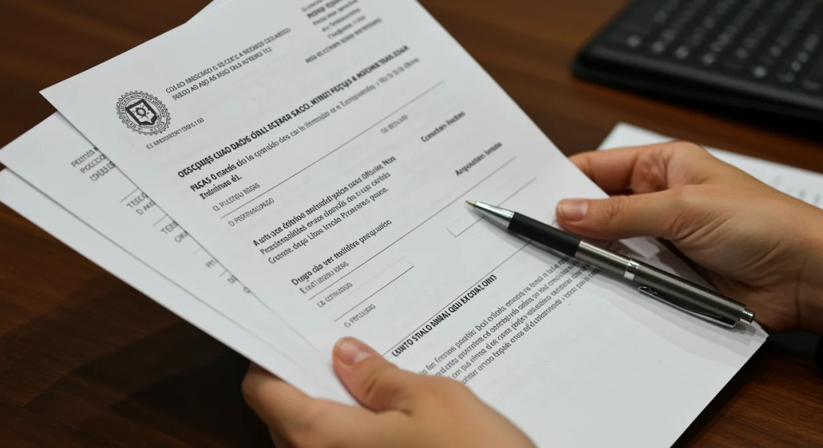 Documentos oficiais de cancelamento do Auxílio Brasil e caneta para contestação.