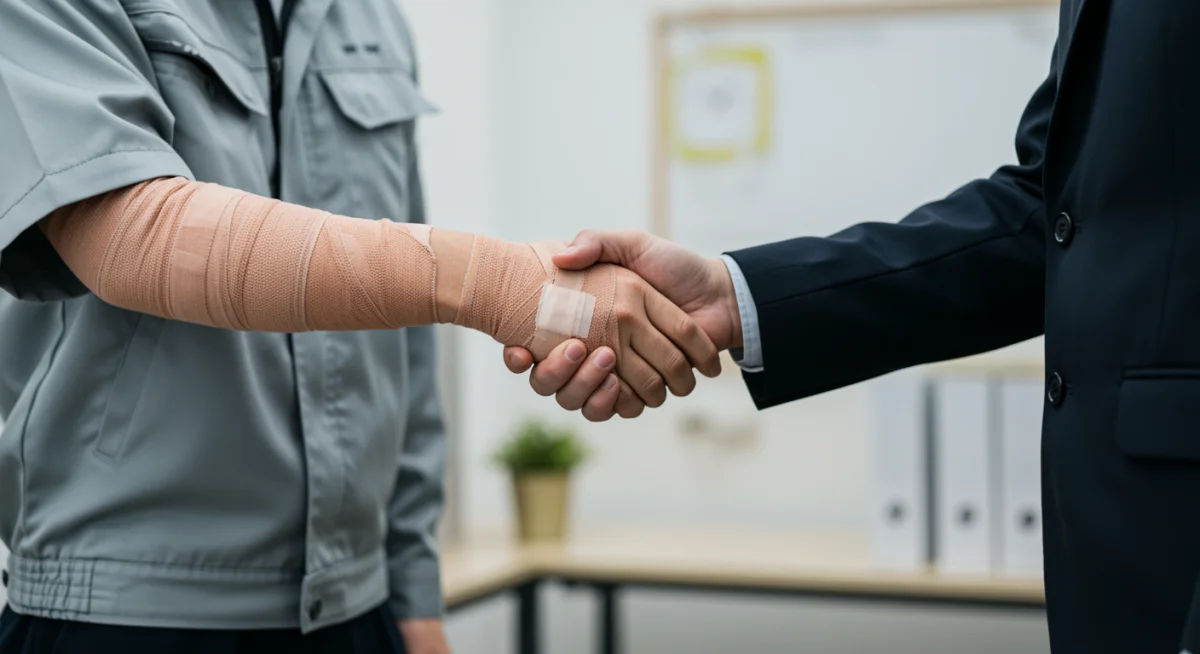 Trabalhador com braço enfaixado retornando ao trabalho, simbolizando estabilidade pós-acidente.