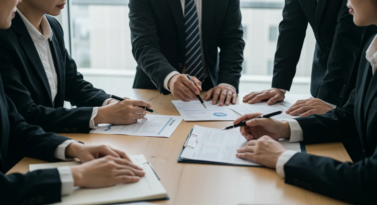 Profissionais discutindo documentos em uma sala de reunião, representando a adaptação estratégica de empresas à nova legislação trabalhista.