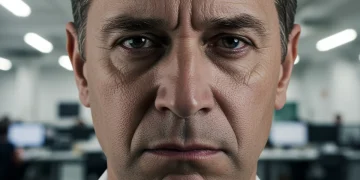 Pessoa com expressão de estresse e tristeza no ambiente de trabalho