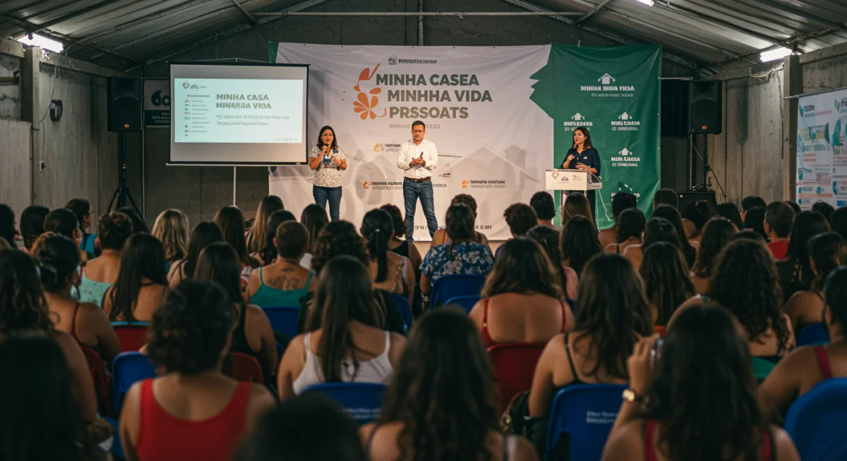 Pessoas em evento público recebendo informações sobre programas de moradia