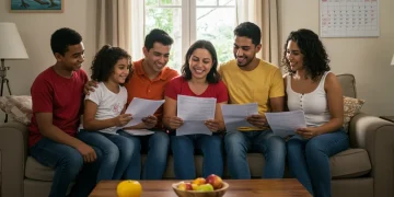Família brasileira feliz analisando documentos sobre benefícios sociais em 2026.