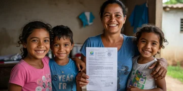 Família brasileira feliz acessando o Auxílio Brasil através do Cadastro Único