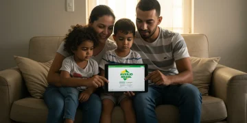 Família brasileira esperançosa consultando informações sobre o Auxílio Brasil em um tablet.