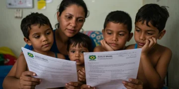 Família brasileira analisando documentos do Auxílio Brasil.