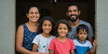 Família brasileira feliz, simbolizando os beneficiários do Auxílio Brasil.