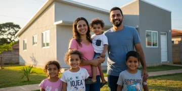 Família brasileira feliz, com pais e filhos, em frente à sua casa, simbolizando os benefícios do Auxílio Brasil.