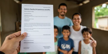 Família feliz recebendo benefício social, simbolizando o Salário-Família 2026