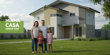Família brasileira feliz em frente à sua nova casa, construída através do programa Minha Casa Minha Vida.
