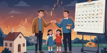 Família feliz recebendo chaves da casa própria, com gráficos financeiros e o ano 2026 ao fundo, simbolizando o impacto da TR no MCMV.